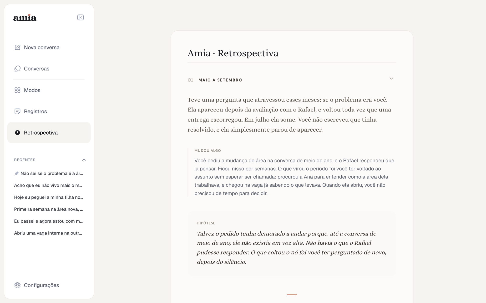 A retrospectiva aberta no aplicativo, com a leitura de um período e os blocos de mudança e hipótese.